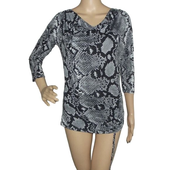 Michael Kors Shirt Sz Small gray black snakeskin stretch asymmetrical hem ruched - Picture 3 of 11